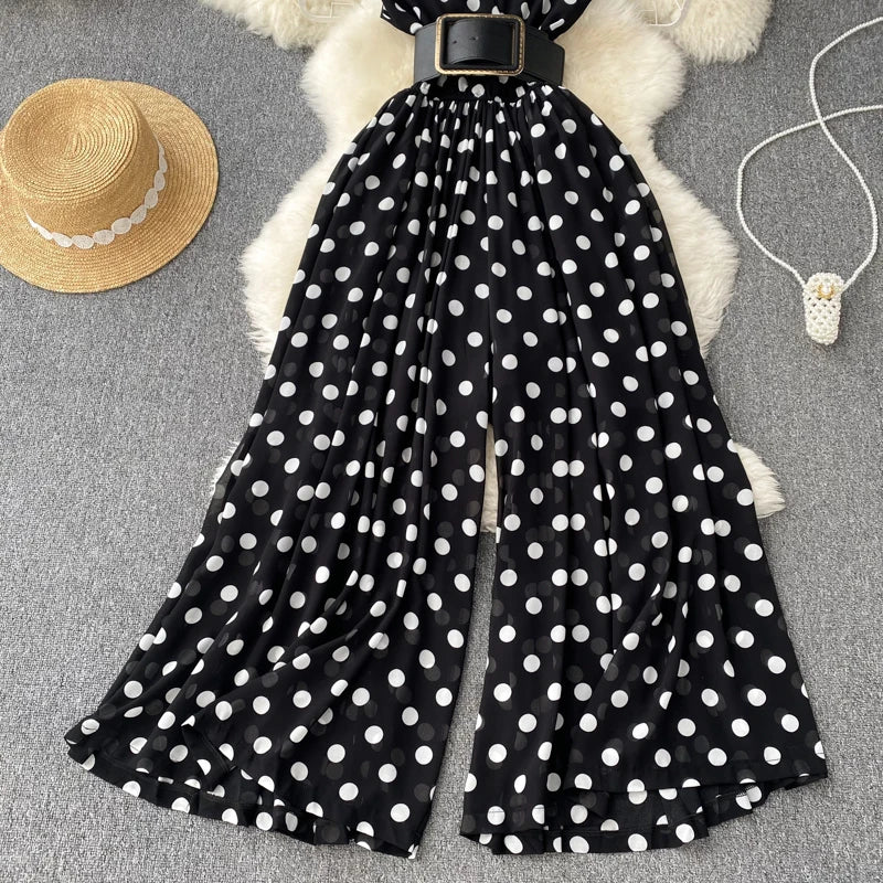 Temperament V-neck Chiffon Stripe Waist Throwing Leggings Summer New Sleeveless Jumpsuit Women's Wide Leg Jumpsuit