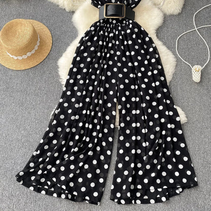 Temperament V-neck Chiffon Stripe Waist Throwing Leggings Summer New Sleeveless Jumpsuit Women's Wide Leg Jumpsuit