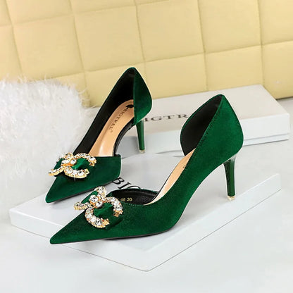 Banquet High Heels Women's Shoes Shallow Mouth Pointed Side Hollowed Out Rhinestone Pearl Bow Sandals