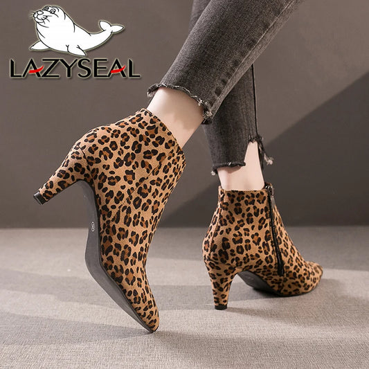 LazySeal 2025 New Luxury Leopard Women Boots Leather Winter Casual Shoes Hoof Heels Zip Pointed Toe Ankle Boots Big Size 43