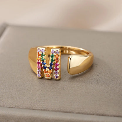 Anelli con lettera zircone arcobaleno per le donne Moda grosso lettera larga AZ anello in acciaio inossidabile matrimonio gioielli Boho spedizione gratuita