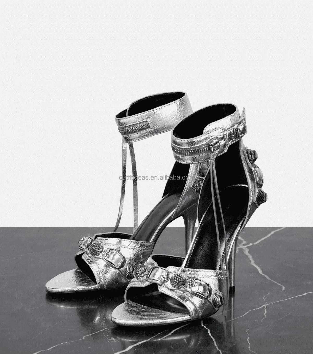 Top Quality Studded Decorative Buckle Tasseled Zip Designs Calf Leather Ankle Strap Cagole Embellished 110mm Leather Sandals