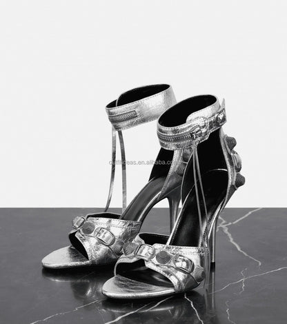 Top Quality Studded Decorative Buckle Tasseled Zip Designs Calf Leather Ankle Strap Cagole Embellished 110mm Leather Sandals
