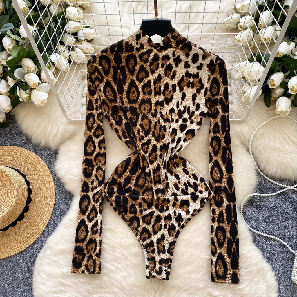 Y2K Rollkragen-Overall schmal geschnitten für Damen, hoher Bund, Leopardenmuster, Spitze, Bodysuit, Damen, sexy Strampler, Großhandel
