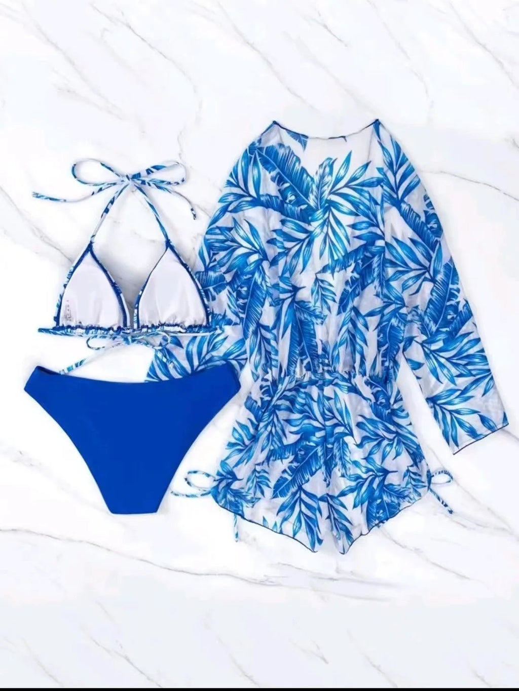 S-XL Bikini Dreiteiler Blattdruck Taillenband Modisch Langärmeliges Strand Sonnenfester Badeanzug Set 3er-Pack