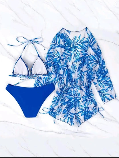 S-XL Bikini Three Piece Set Leaf Print Waist Tied Fashionable Long Sleeved Beach Sun Proof Swimsuit Set  3pack