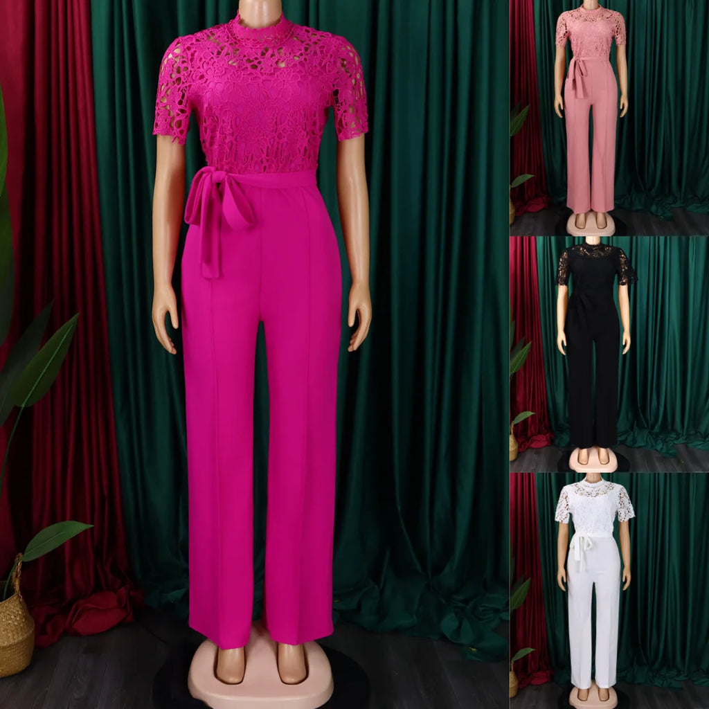 D509 Latest Design Sexy Lace Jumpsuit for Women Hollow Out Short Sleeve Tie up High Waist Wide Leg Jumpsuits for Ladies