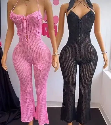 Peeqi W24Q62145 Nouveau Combinaison Tricotée Sexy Femme Été Printemps Col Halter Sans Manches Évidé Patte d'Éléphant en Laine Combinaison pour Femme