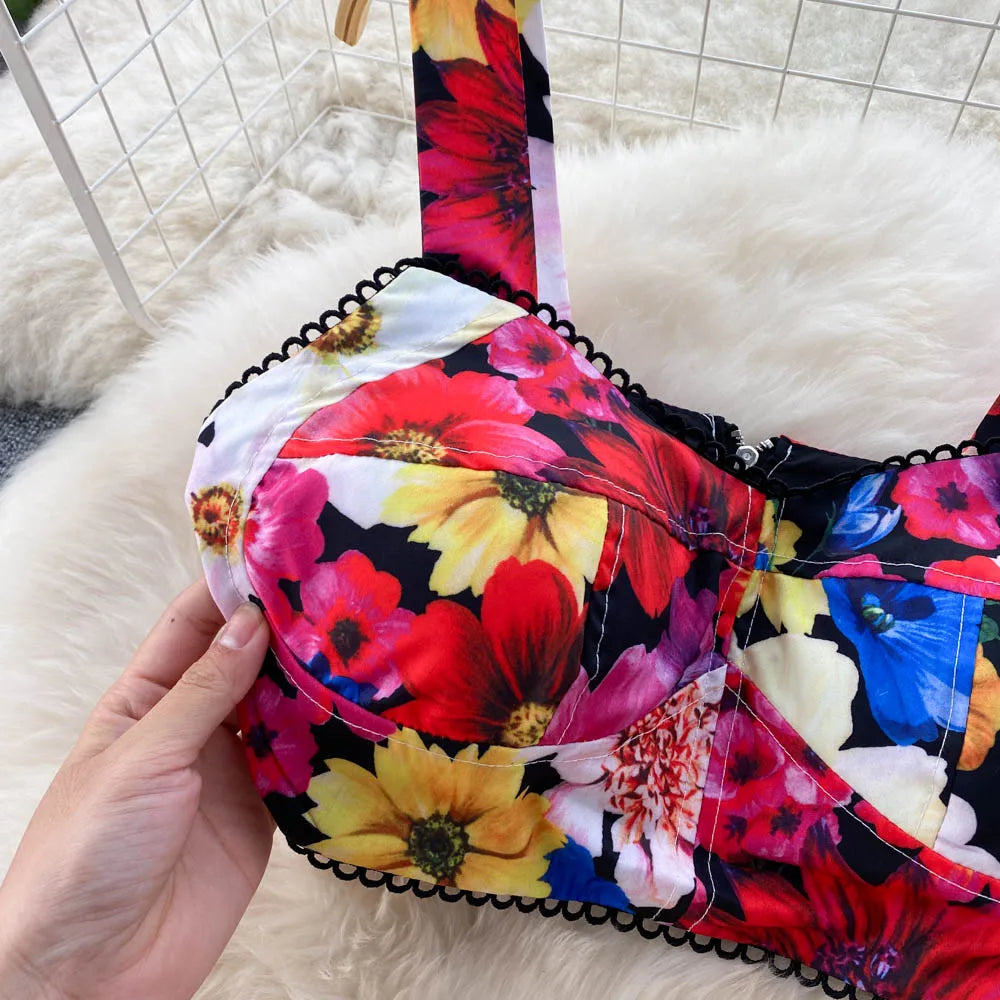 ANSZKTN et le style de vacances américain ANSZKTN Print Suit Femme Courte Bretelle Haut Jupe Plissée Ensemble