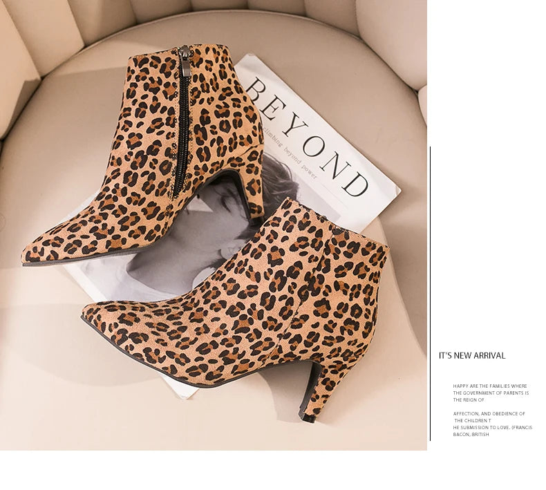 LazySeal 2025 New Luxury Leopard Women Boots Leather Winter Casual Shoes Hoof Heels Zip Pointed Toe Ankle Boots Big Size 43