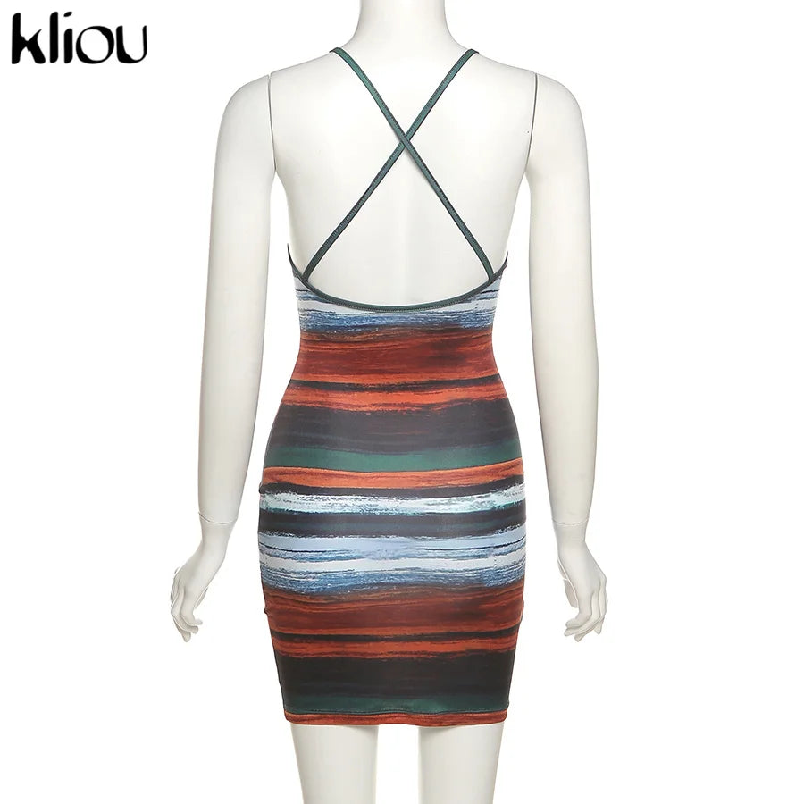 Kliou Mini abiti a righe con pannelli Estetici Donna Sexy Skinny Slash Neck Canotta Backless Vintage Midnight Clubwear Abiti
