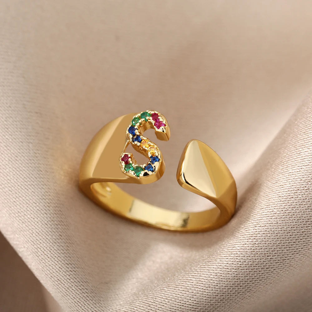 Anelli con lettera zircone arcobaleno per le donne Moda grosso lettera larga AZ anello in acciaio inossidabile matrimonio gioielli Boho spedizione gratuita