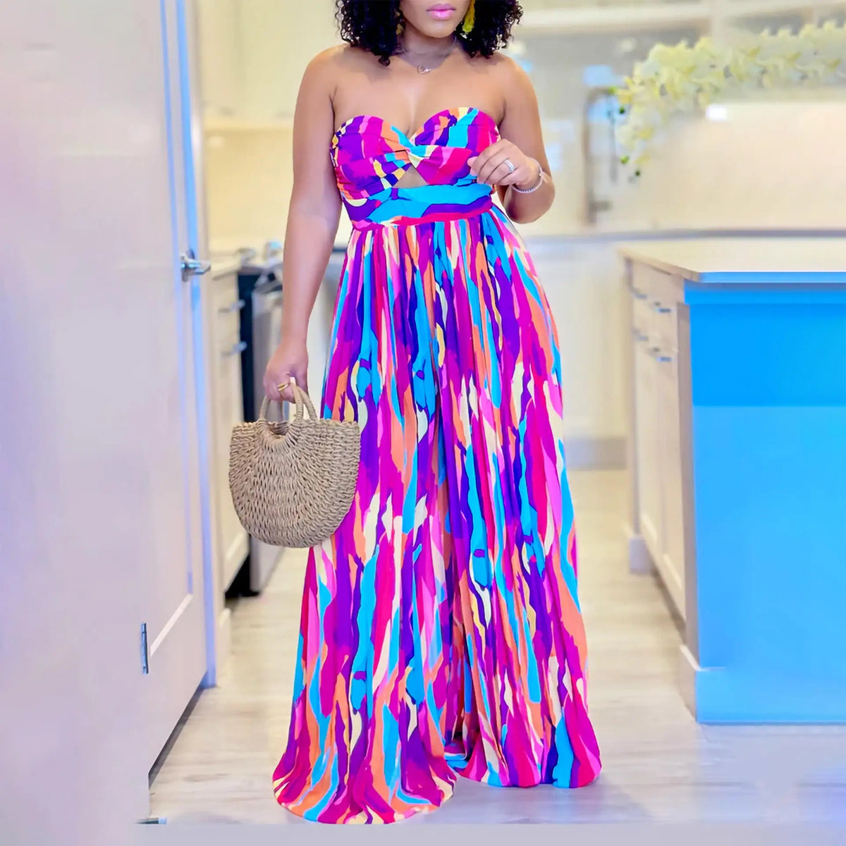 Latest Summer Design Satin Jumpsuit for Women Sexy Strapless off Shoulder Pleated Wide Leg Button Decoration for Party Occasions