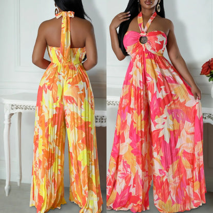 C8589 Women's Summer New Sexy Backless Printed Lace-up Wide-leg African Jumpsuit