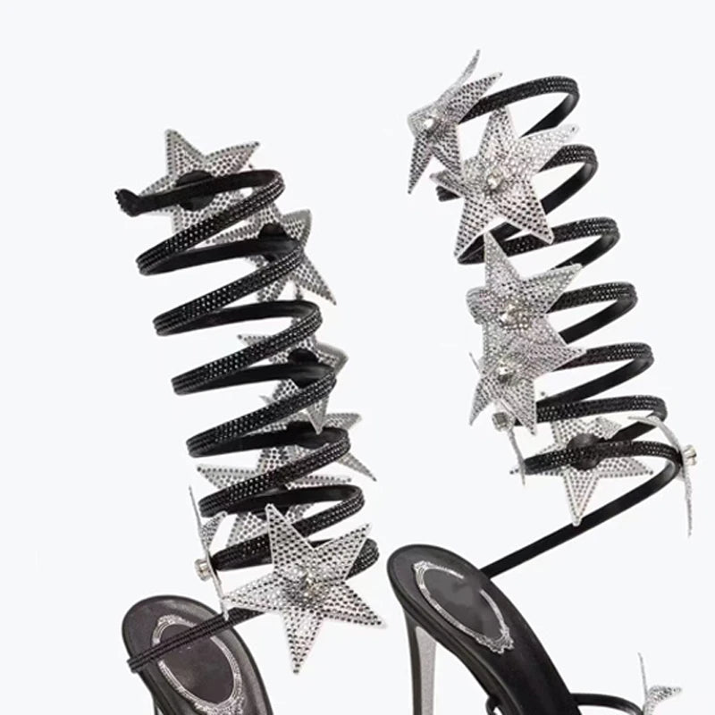 Ankle Wrap Cross Long Straps Women's Bling Stars Shoes High Heels Sexy Big Size 46 Dress Wide Fit Sandals Stiletto