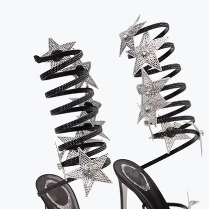 Ankle Wrap Cross Long Straps Women's Bling Stars Shoes High Heels Sexy Big Size 46 Dress Wide Fit Sandals Stiletto