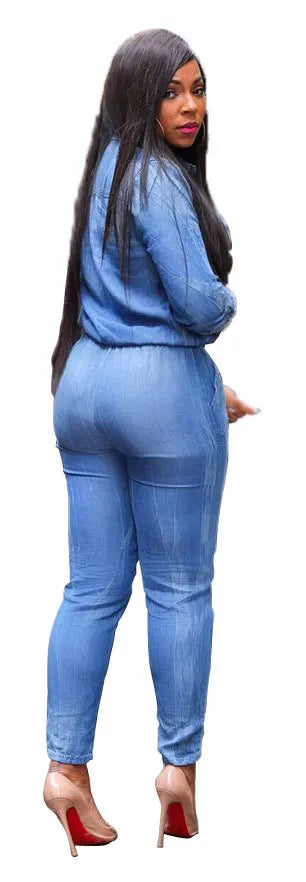 Lässiger Damen-Jeans-Overall in langer Ausführung mit hoher Taille und Strickgewebe, Bleistifthose und langen Ärmeln