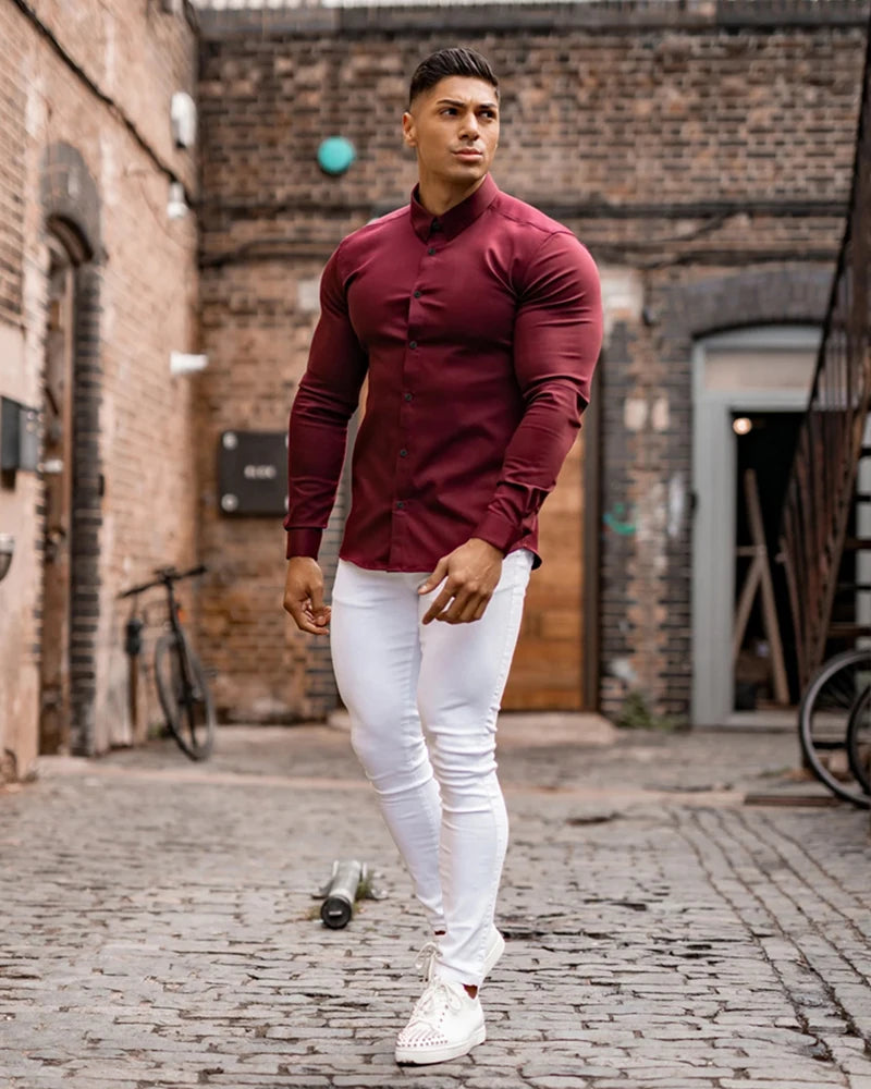 Camicia a maniche lunghe moda autunno uomo camicia super slim fit maschile casual da lavoro sociale camicia da uomo di marca abbigliamento sportivo fitness