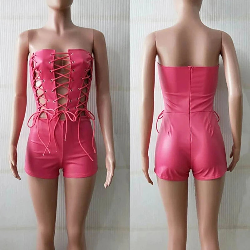 Short combishort moulant en similicuir à lacets pour femme - Tenue de soirée, boîte de nuit, bustier, coupe ajustée