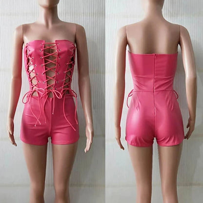 Short combishort moulant en similicuir à lacets pour femme - Tenue de soirée, boîte de nuit, bustier, coupe ajustée