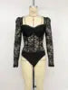 B9322-2026 Fashion Elegant square Neck Long Sleeve Skinny Above Knee Lace Solid Color Jumpsuit for Women Bodysuit