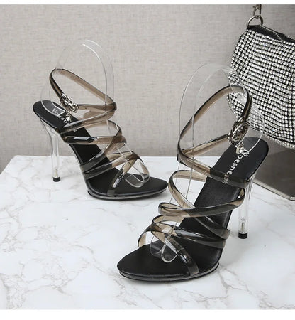 Sandales transparentes d'été à talons hauts de 11CM, sexy, super ouvertes, pour boîte de nuit, avec boucle, amusantes, grandes tailles, chaussures de mariage et de fête