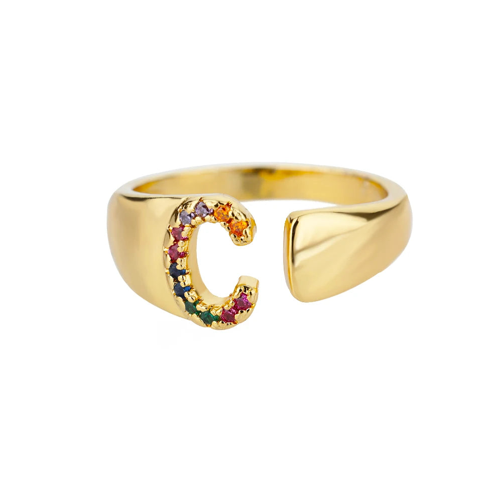 Anelli con lettera zircone arcobaleno per le donne Moda grosso lettera larga AZ anello in acciaio inossidabile matrimonio gioielli Boho spedizione gratuita