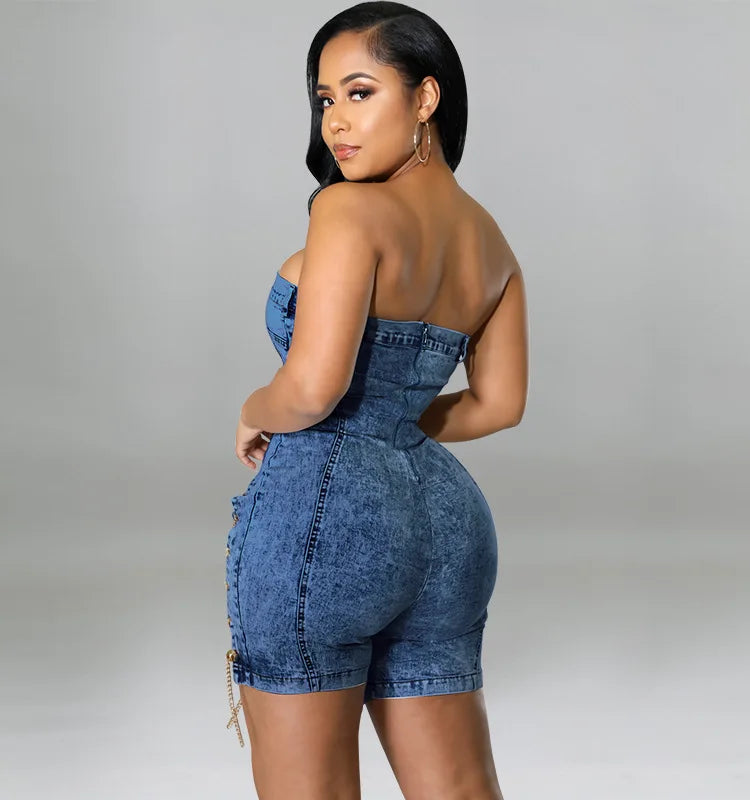 Y218117 High Quality Summer Jeans Jumpsuits Women Copper Chains Hollow Out Strapless Jeans Rompers Denim Jumpsuit for Women