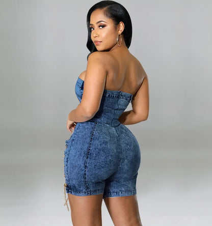 Y218117 High Quality Summer Jeans Jumpsuits Women Copper Chains Hollow Out Strapless Jeans Rompers Denim Jumpsuit for Women