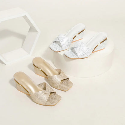 Xuanhui Hot Selling Fashion square Toe Snake Pattern Wedge Muller slippers Gold 6cm Heeled Sandals