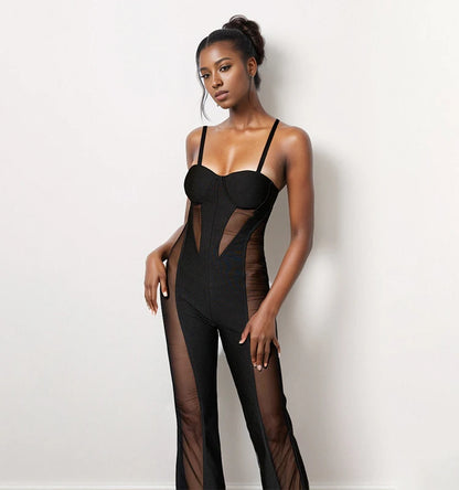 Black Sheer Cut Out Bodycon Maxi Jumpsuit for Women Sexy Formal Evening Party Wedding Birthday Dinner Office Wear Fashion Outfit