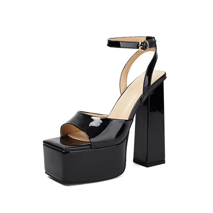 Sandales épaisses à plateforme pour femmes à bout carré en cuir verni, talons épais et hauts, brides de cheville, chaussures d'été à imprimé léopard, couleurs personnalisées