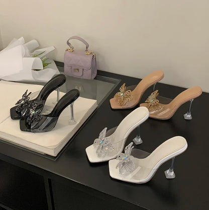 Pantoufles d'été à talons étranges pour femmes, strass papillon, bout carré, chaussures de soirée, sandales transparentes