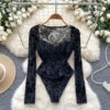 Fall Y2K Square Collar Slim Jumpsuit for Women Long Sleeve High Waist Printed Mesh Bodysuit Ladies Y2k Rompers Wholesale