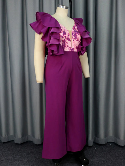African Summer Low Cut Backless Jumpsuit Plus Size 4Xl Party Style Purple Wide Leg Pants Jumpsuit Body Suit