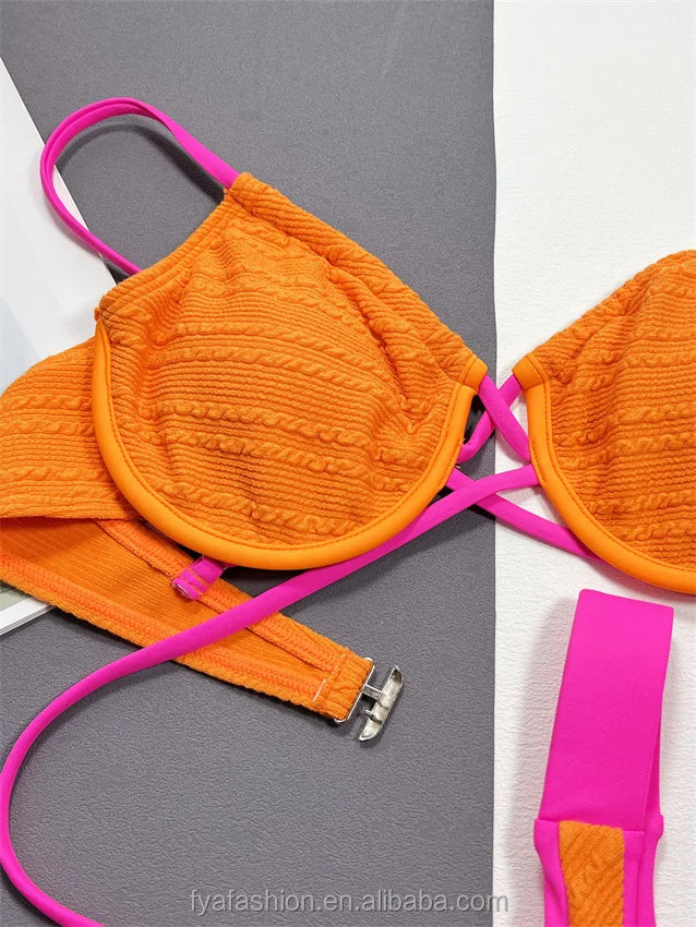Zweiteiliger Custom Mini Micro Sexy Rib-Bikini mit Bügeln, Bandage, Tanga, Bademode aus Spandex mit Scrunch Butt Push-up für den Strand