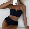 High Quality Women High Waist Swimsuit Mental Strap Mold Cup Push up Plus Size 5XL Bikini Solid Color