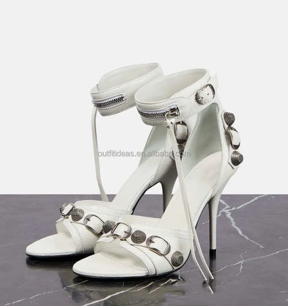 Top Quality Studded Decorative Buckle Tasseled Zip Designs Calf Leather Ankle Strap Cagole Embellished 110mm Leather Sandals
