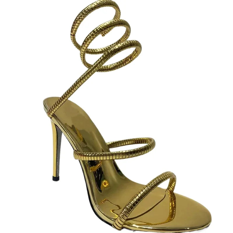 Lady's Gold Sandals with Lace-Up Closure Open Toe High Heels Sexy Party Shoes Large Size High Heels 42 43 44 45 46