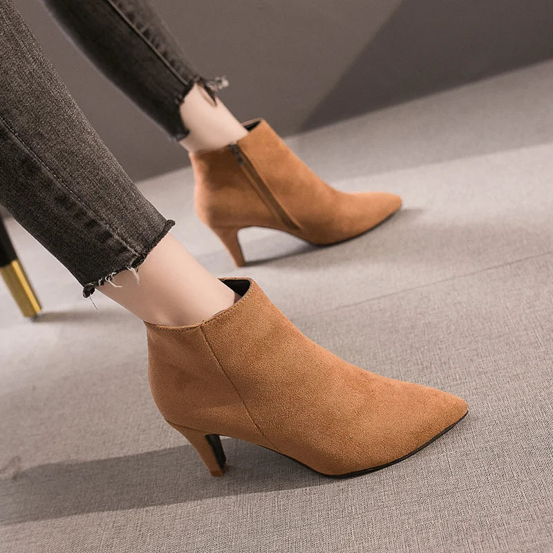LazySeal 2025 New Luxury Leopard Women Boots Leather Winter Casual Shoes Hoof Heels Zip Pointed Toe Ankle Boots Big Size 43