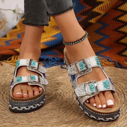 New Summer Flat Sandals Thick Bottom Hemp Rope Double Button Water Diamond Cork Beach Slippers Large Women's Slippers