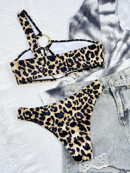 2023 One Shoulder Leopard Print Bikini Hollow Out Swimwear Beach Suit