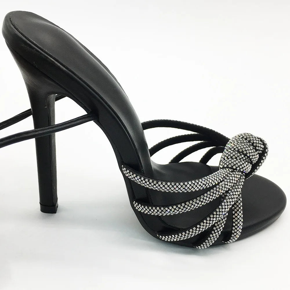 New Fashion Retro Roman Sexy High Heel Women Sandals Black Rhinestone Elegant Open Toe Lace-up Ankle Strap Thin Heels Summer