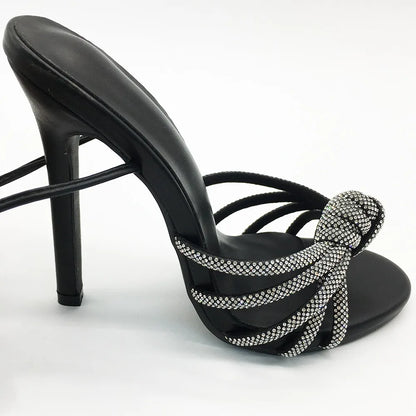 New Fashion Retro Roman Sexy High Heel Women Sandals Black Rhinestone Elegant Open Toe Lace-up Ankle Strap Thin Heels Summer