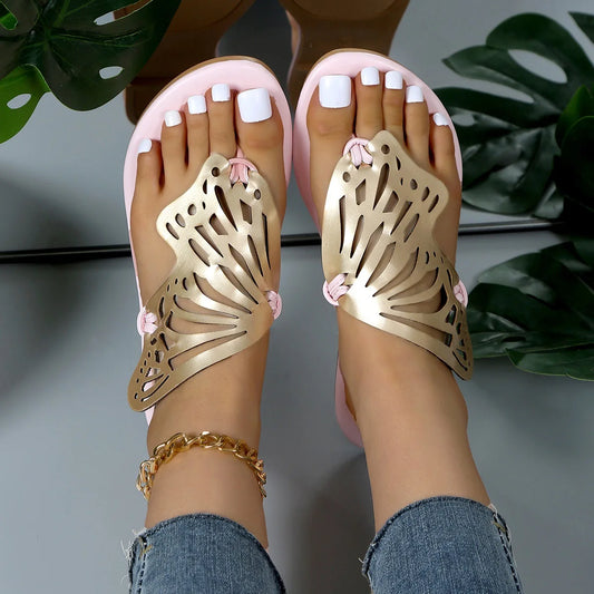 Summer New Fashion Girls Open Toe Flat Outdoor for Slippers Butterfly Leather Sandals Light Weight Breathable and Anti-Slippery