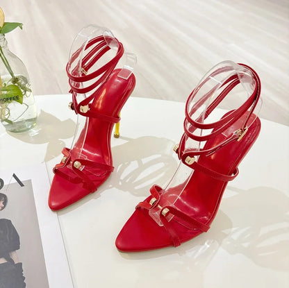 2025 New Rivet Buckle Metal Lace up Fashion Pointed Toe Sexy Sandals High Heels