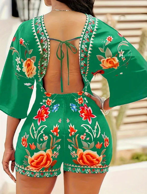 Green V-Neck Floral Print Batwing Sleeve Waist-Cinched Romper