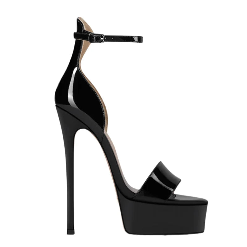 Large Size 45 Women Thick Platform Patent Sandals High Slim Heels Ankle Straps Summer  Back Cover Heel Shoes Custom Colors