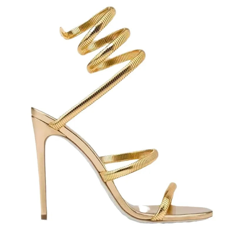 Lady's Gold Sandals with Lace-Up Closure Open Toe High Heels Sexy Party Shoes Large Size High Heels 42 43 44 45 46