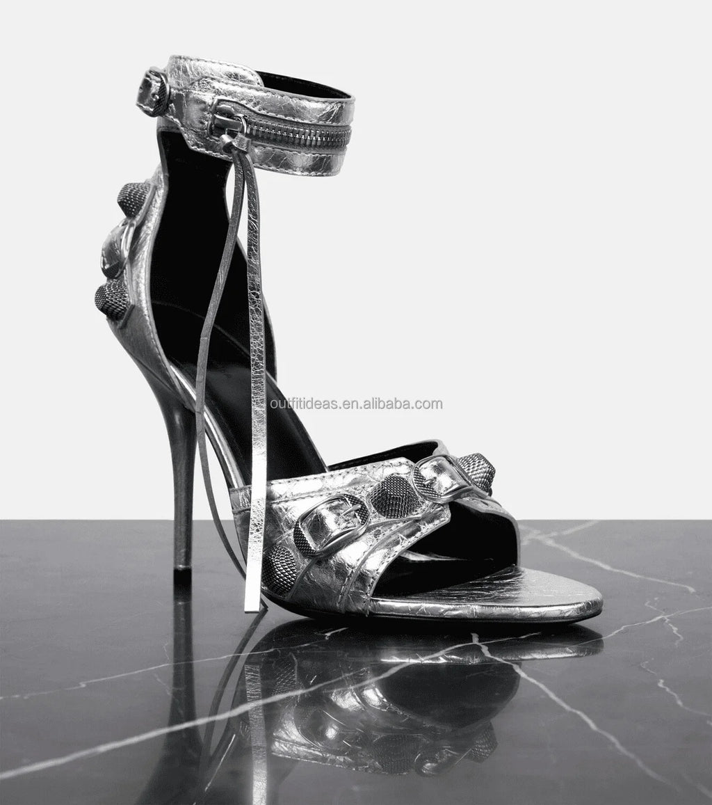 Top Quality Studded Decorative Buckle Tasseled Zip Designs Calf Leather Ankle Strap Cagole Embellished 110mm Leather Sandals